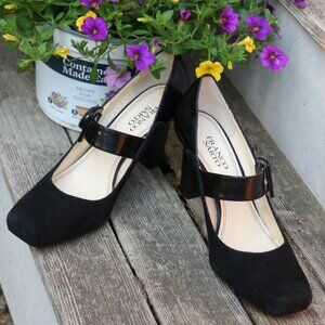 Franco Sarto Tenor Black Suede/Patent Leather Mary Jane Square Toe 3.25" Heels 8